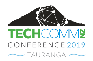 Conference 2019 logo. The TechCommNZ connected network logo is overlaid in white over a black silhouette of an island. Below that is text: TechCommNZ Conference 2019 Tauranga