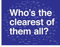 Plain English Awards logo. Text reads Who's the clearest of them all? Behind is a speech bubble made up of random shapes in white on a dark blue background.