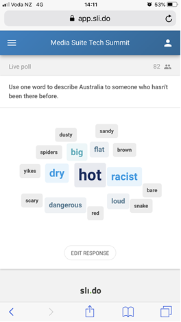 A screenshot of Slido showing a word cloud with words describing Australia to someone who hasn't been there