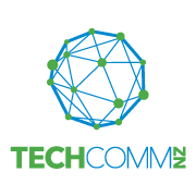 TechCommNZ logo - blue globe with green writing saying TechCommNZ