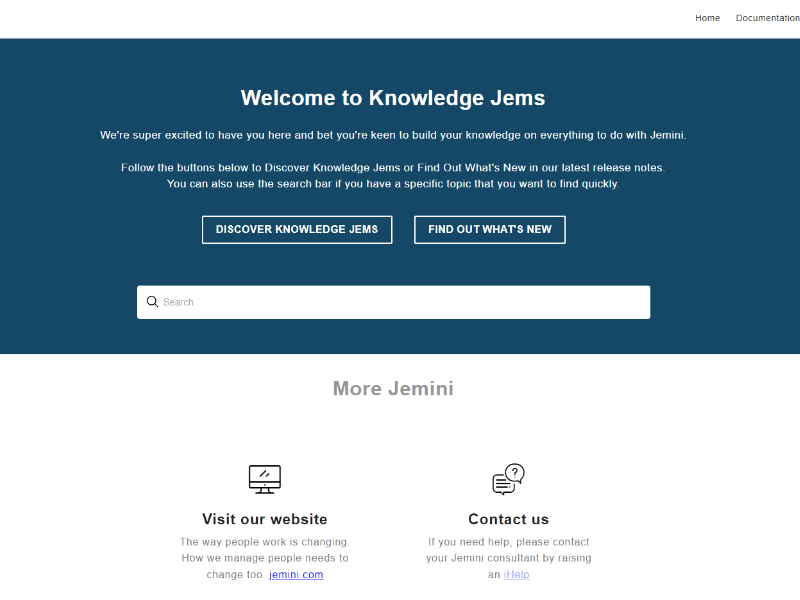 The welcome screen for Knowledge Jems, including a welcome message, search bar and options to visit the main website or contact the team.